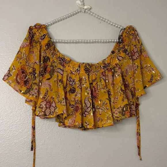 Forever 21 Women Yellow Floral Off The Shoulder Ruffle Crop Top - Picture 8 of 10